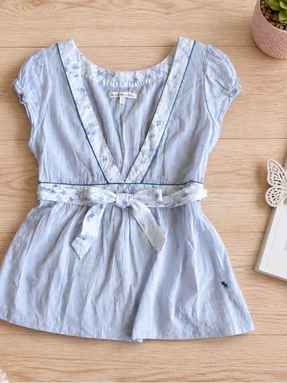 Abercrombie & Fitch Light Blue Striped Peplum Top with Floral Waist Tie